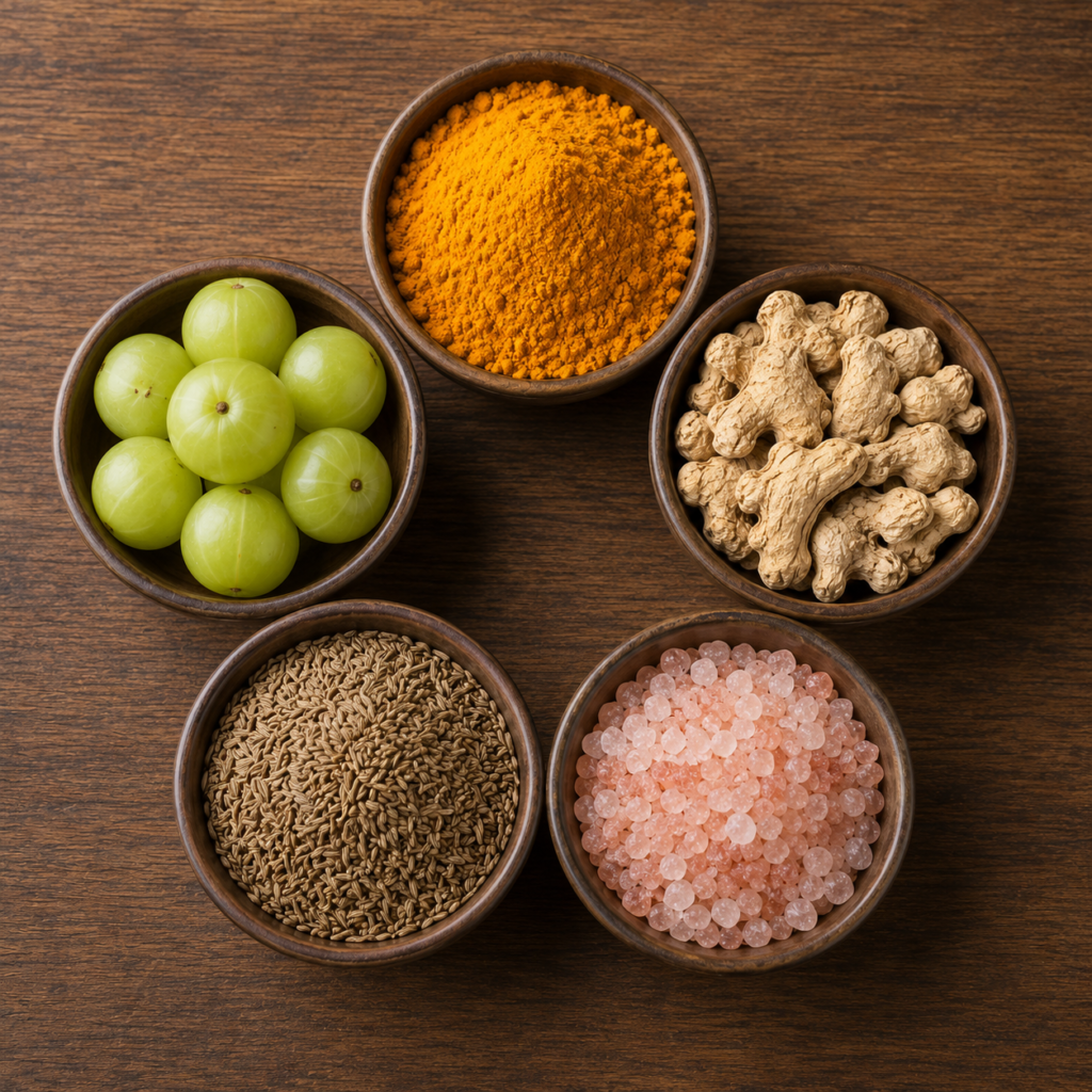 Amla, ginger, cumin, rock salt, turmeric